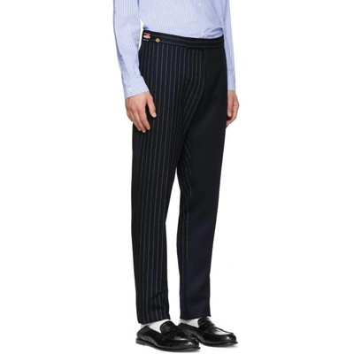 Shop Thom Browne Navy Fun Mix Chalk Stripe Low-rise Skinny Side Tab Trousers In 415 Navy