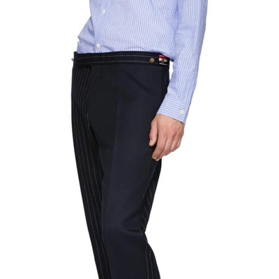 Shop Thom Browne Navy Fun Mix Chalk Stripe Low-rise Skinny Side Tab Trousers In 415 Navy