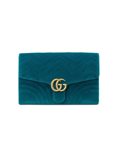 Shop Gucci Gg Marmont Velvet Clutch In Blue