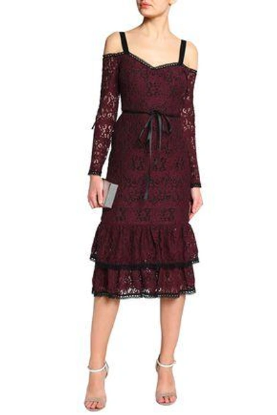 Shop Alexis Maura Cold-shoulder Tiered Corded Lace Dress In Plum