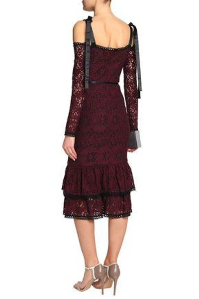 Shop Alexis Maura Cold-shoulder Tiered Corded Lace Dress In Plum