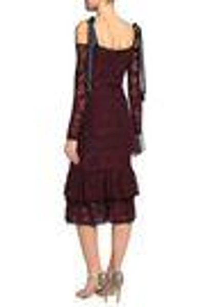Shop Alexis Maura Cold-shoulder Tiered Corded Lace Dress In Plum