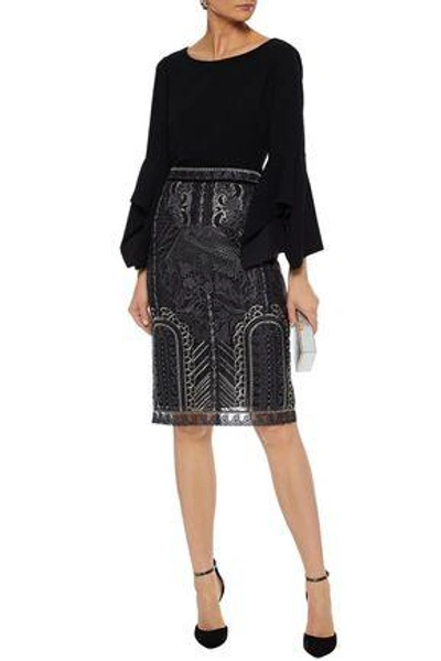 Shop Marchesa Notte Embellished Tulle Pencil Skirt In Gunmetal