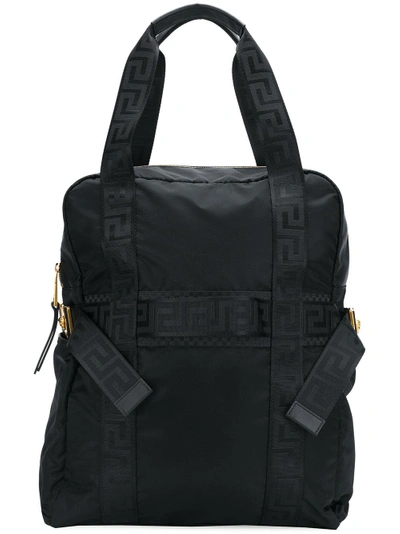 Shop Versace Grecca Strap Backpack - Black