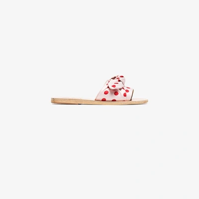 Shop Ancient Greek Sandals Pink And Red Taygete Polka Dot Satin Bow Slides In Pink/purple