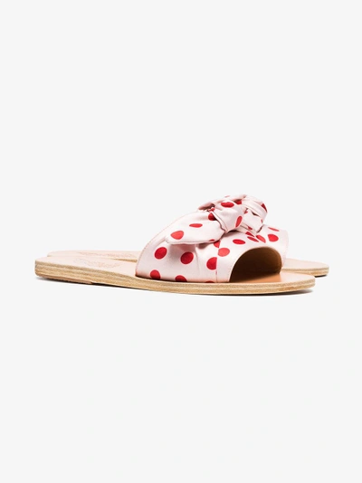 Shop Ancient Greek Sandals Pink And Red Taygete Polka Dot Satin Bow Slides In Pink/purple
