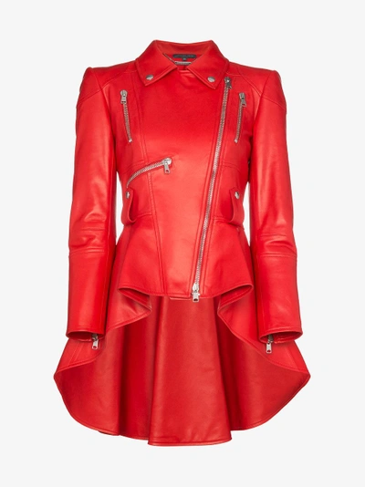 Shop Alexander Mcqueen Asymmetric Ruffle Leather Jacket In Red