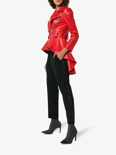 Shop Alexander Mcqueen Asymmetric Ruffle Leather Jacket In Red