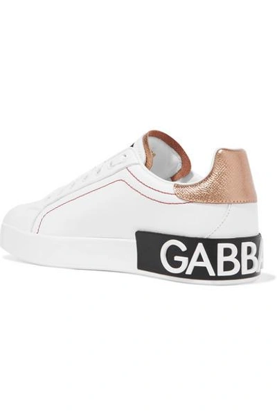 Shop Dolce & Gabbana Logo-embellished Metallic-trimmed Leather Sneakers In White