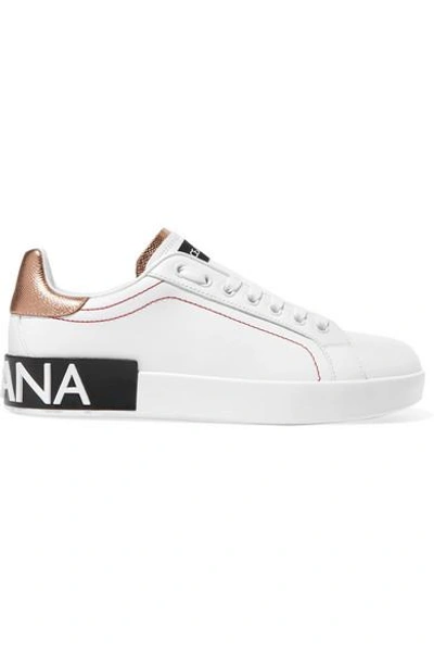 Shop Dolce & Gabbana Logo-embellished Metallic-trimmed Leather Sneakers In White