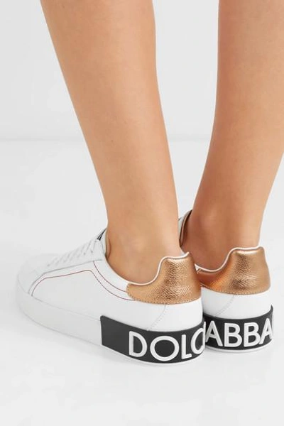 Shop Dolce & Gabbana Logo-embellished Metallic-trimmed Leather Sneakers In White