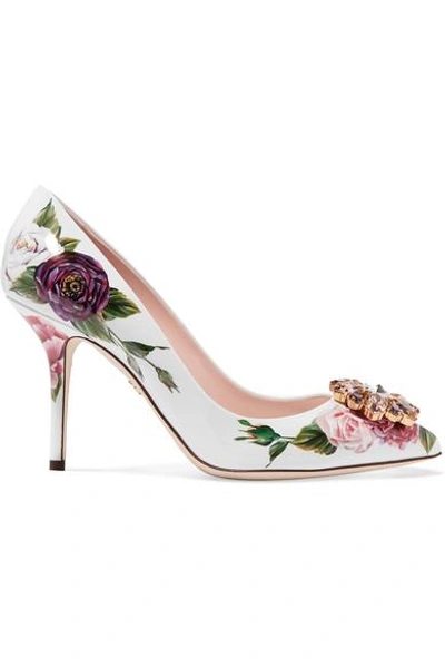 Shop Dolce & Gabbana Crystal-embellished Floral-print Patent-leather Pumps In White