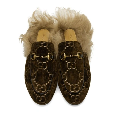 Shop Gucci Brown Wool-lined Velvet Gg Princetown Slippers In 2060 Brown