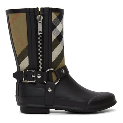 Shop Burberry Black & Beige Check Biker Rain Boots