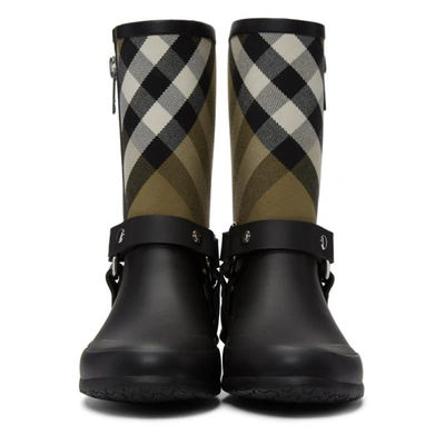 Shop Burberry Black & Beige Check Biker Rain Boots