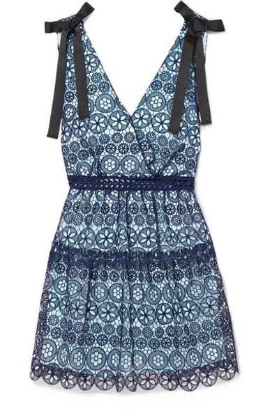 Shop Self-portrait Bow-detailed Tiered Guipure Lace Mini Dress In Navy