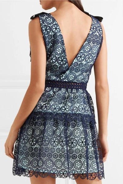 Shop Self-portrait Bow-detailed Tiered Guipure Lace Mini Dress In Navy
