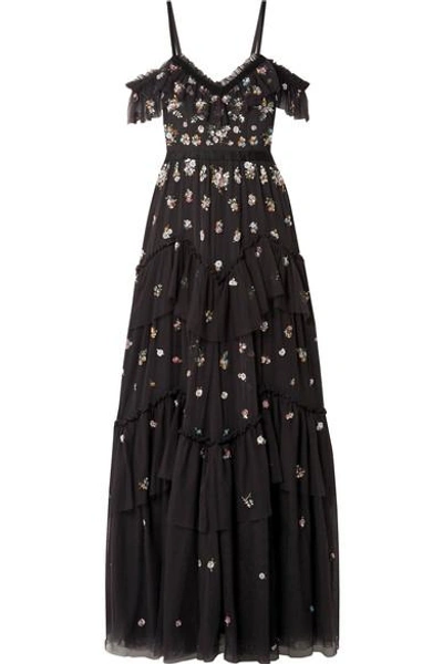 Shop Needle & Thread Lustre Cold-shoulder Embellished Tulle Gown In Black