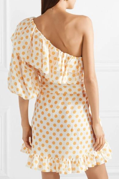 Shop Lisa Marie Fernandez Arden Ruffled One-shoulder Polka-dot Linen Mini Dress In Pastel Orange