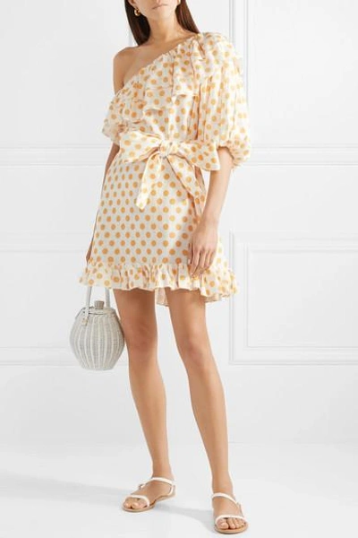 Shop Lisa Marie Fernandez Arden Ruffled One-shoulder Polka-dot Linen Mini Dress In Pastel Orange
