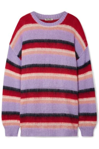 Shop Miu Miu Oversized Striped Mohair-blend Sweater In Lilac