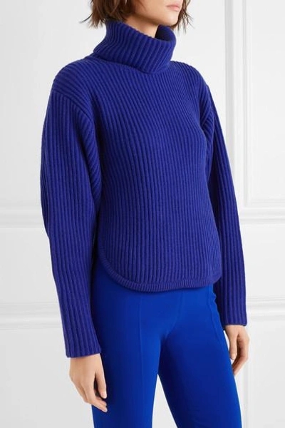 Shop Antonio Berardi Cutout Ribbed Wool And Cashmere-blend Turtleneck Sweater In Blue