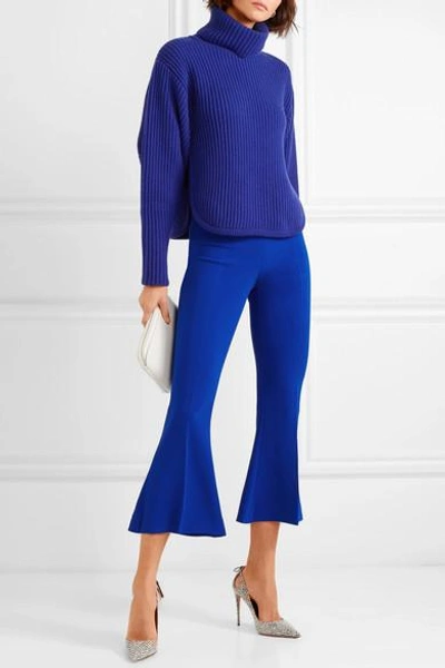 Shop Antonio Berardi Cutout Ribbed Wool And Cashmere-blend Turtleneck Sweater In Blue