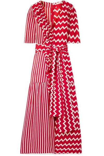 Shop Stella Mccartney Ruffle-trimmed Printed Silk-moire Maxi Dress In Red