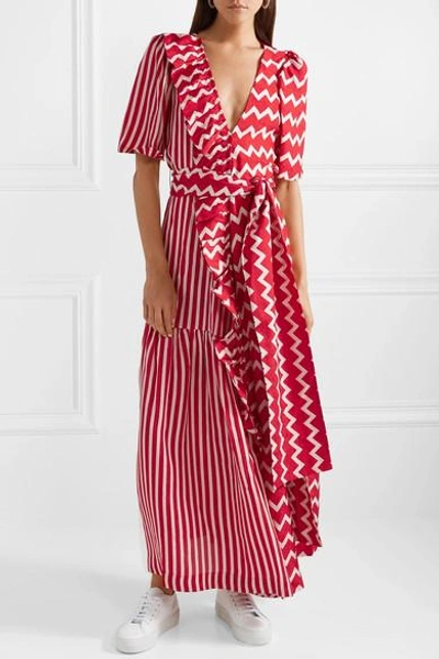 Shop Stella Mccartney Ruffle-trimmed Printed Silk-moire Maxi Dress In Red