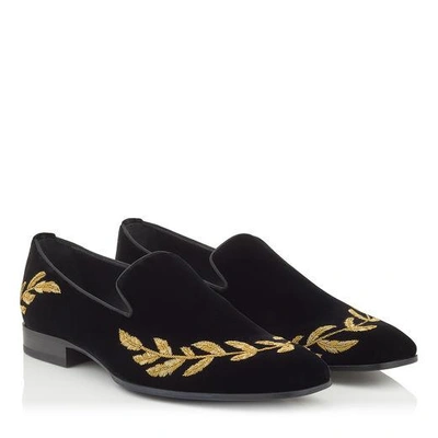 Shop Jimmy Choo Saul Black Velvet Slipper Shoes With Gold Feather Embroidery In Black/gold
