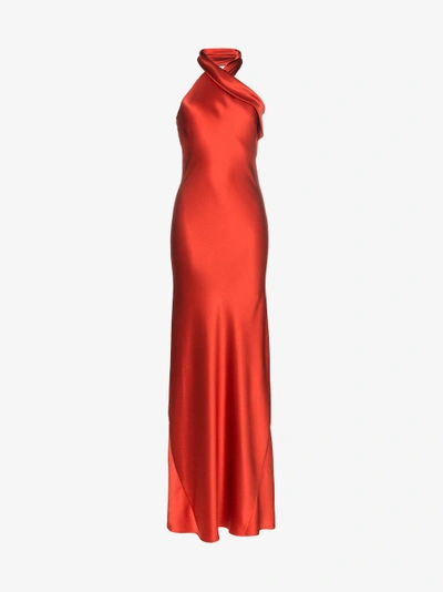 Shop Galvan Pandora Cross Neck Silk Gown In Red