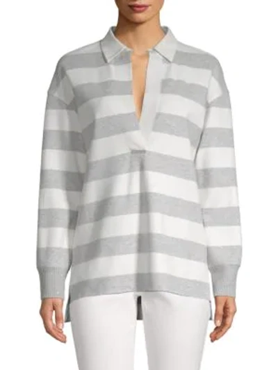 Shop Lafayette 148 Antonia Striped High-low Top In Pale Grey