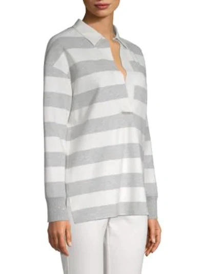Shop Lafayette 148 Antonia Striped High-low Top In Pale Grey