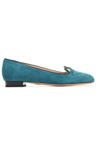 Shop Charlotte Olympia Woman Metallic Embroidered Suede Ballet Flats Teal