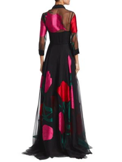Shop Carolina Herrera Collared Embroidered Rose Gown In Black-red