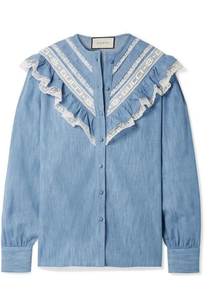 Shop Gucci Lace-trimmed Cotton-chambray Shirt In Light Blue