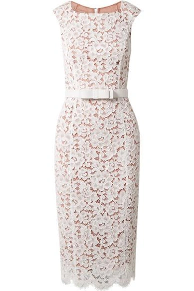 Shop Michael Kors Belted Guipure Lace Midi Dress In White