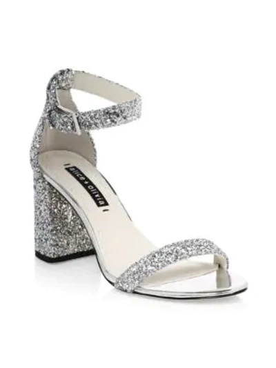 Shop Alice And Olivia Lillian Glitter Leather Ankle-strap Heels In Silver