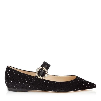 Shop Jimmy Choo Gianna Flat Black Glitter Spotted Velvet Pointy Toe Flats In Black/silver