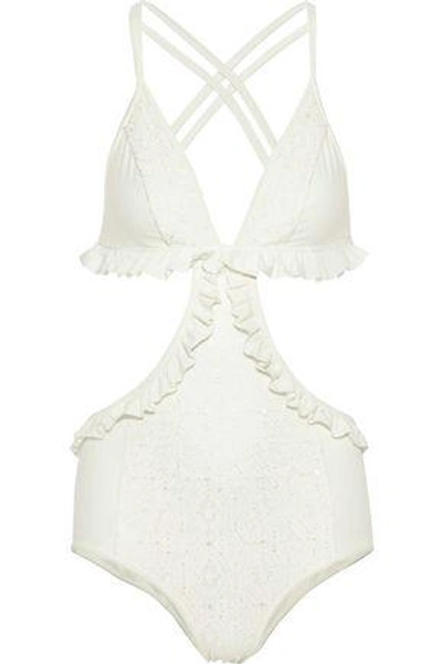 Shop Jonathan Simkhai Ruffle-trimmed Embroidered Swimsuit In White