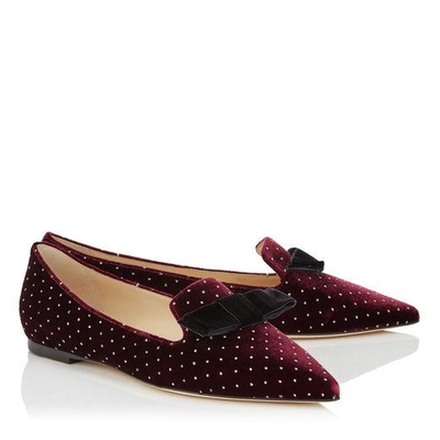 Shop Jimmy Choo Gala Grape Glitter Spotted Velvet Pointy Toe Flats With Bow Detail In Grape/silver