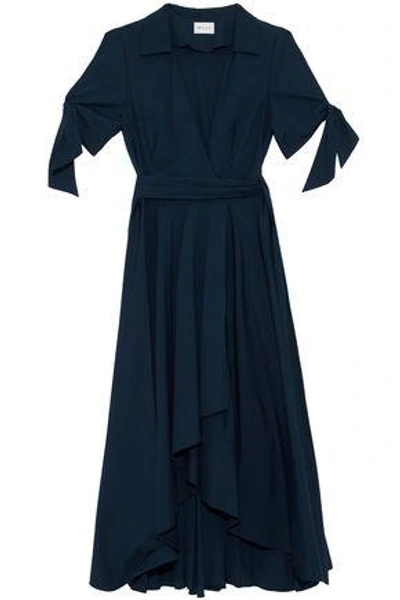 Shop Milly Valerie Asymmetric Cotton-blend Midi Wrap Dress In Navy
