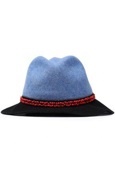 Shop Sensi Studio Woman Bead-embellished Two-tone Wool-felt Fedora Blue