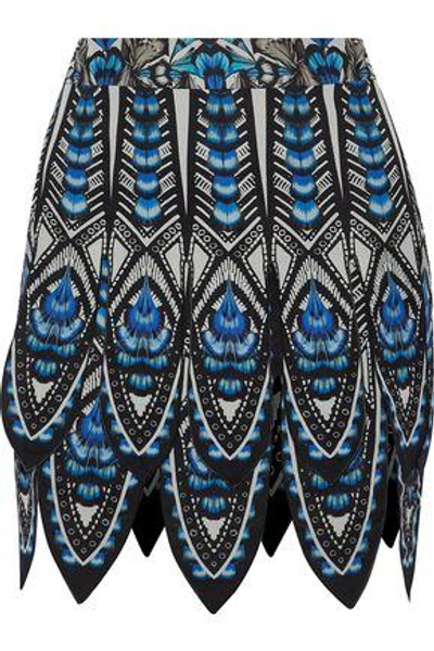 Shop Roberto Cavalli Woman Scalloped Printed Silk-crepe Mini Skirt Blue