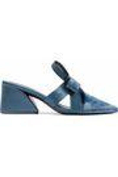 Shop Mercedes Castillo Satin-trimmed Velvet Mules In Storm Blue