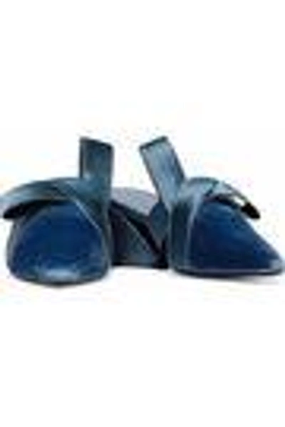 Shop Mercedes Castillo Satin-trimmed Velvet Mules In Storm Blue