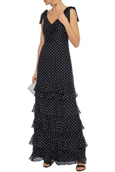Shop Mikael Aghal Tiered Polka-dot Silk-chiffon Gown In Black