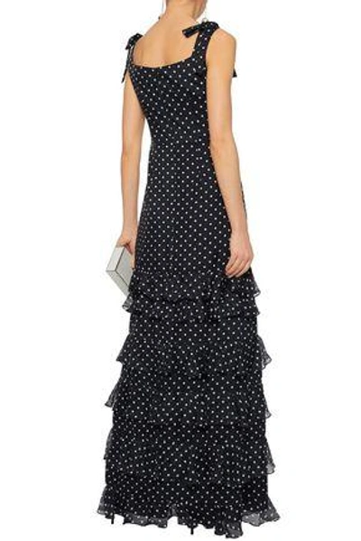 Shop Mikael Aghal Tiered Polka-dot Silk-chiffon Gown In Black