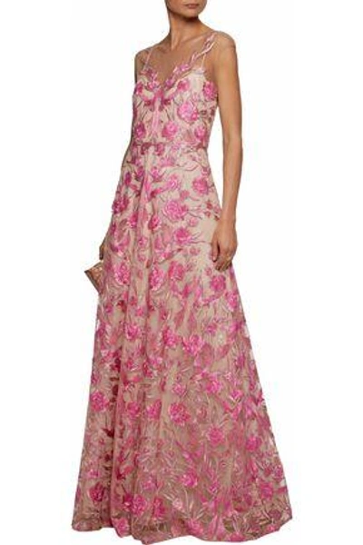 Shop Marchesa Notte Woman Embroidered Tulle Gown Pink