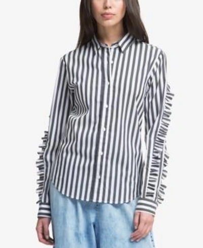 Shop Dkny Striped Ruffle-sleeve Shirt In Black Combo